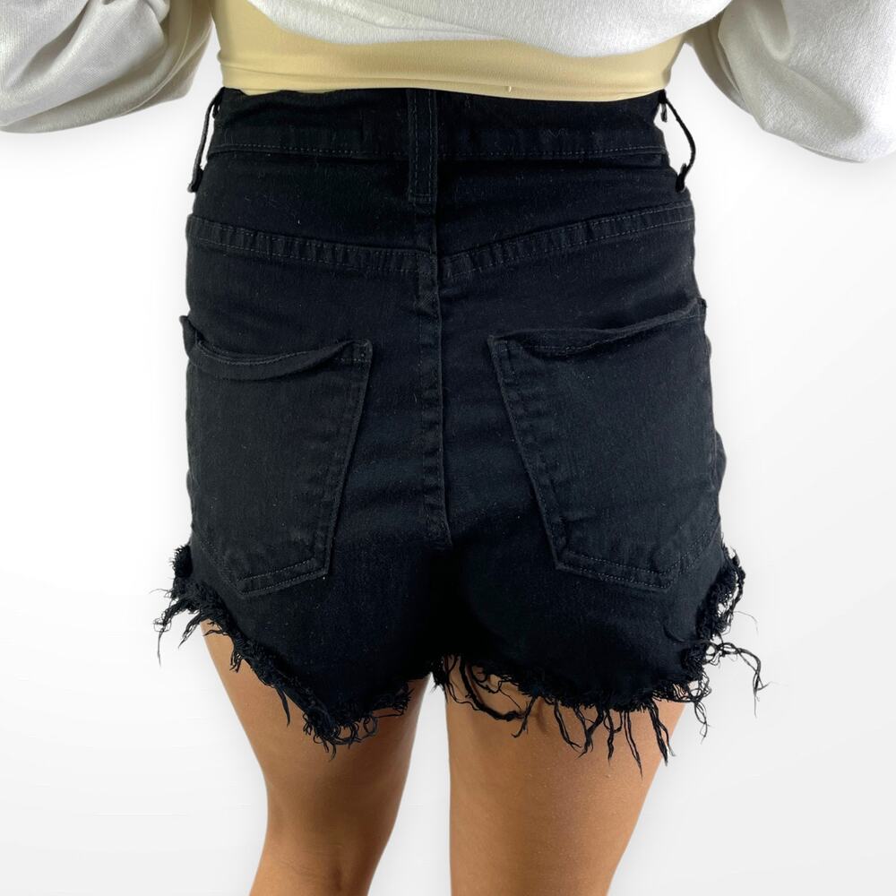 APHRODITE Black Raw Hem High Rise Button Fly Stretch Shorts - Picture 5 of 6